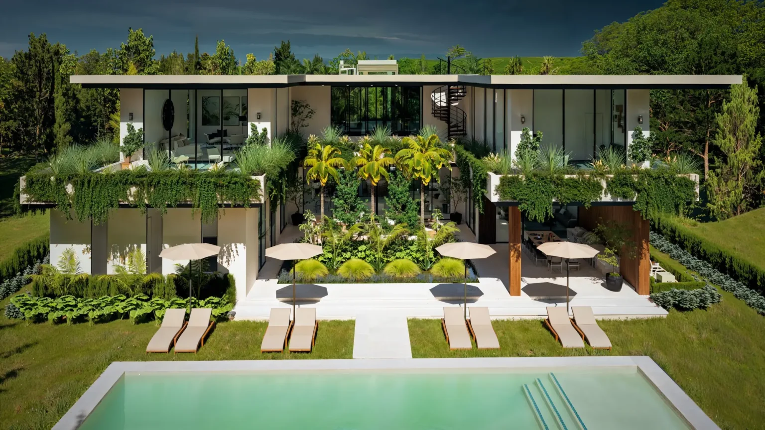 Rendering of Casa Arborēa, a modern two-story home with a courtyard pool and tropical landscaping in Miami Shores