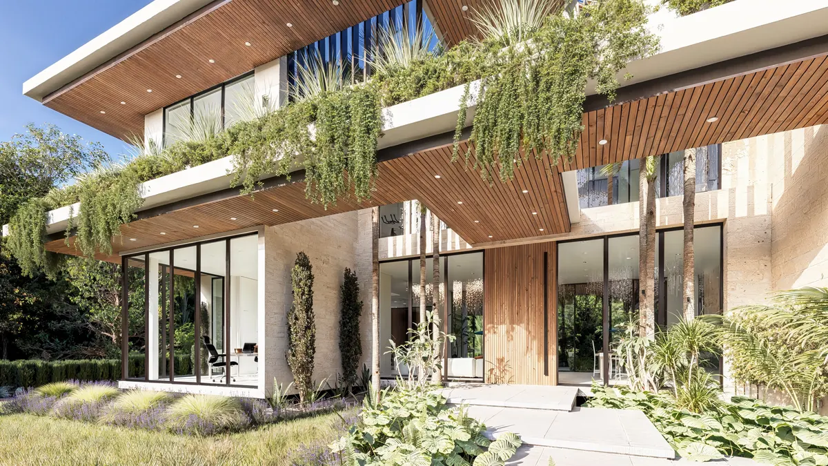Rendering of the Casa Arborēa entry with wood soffits and cascading planters, Miami Shores