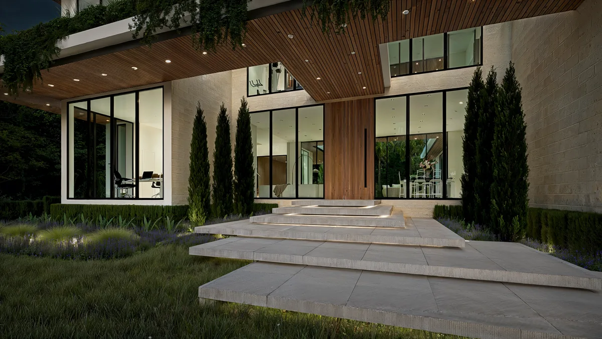 Night rendering of the Casa Arborēa entry walk and glass front, Miami Shores