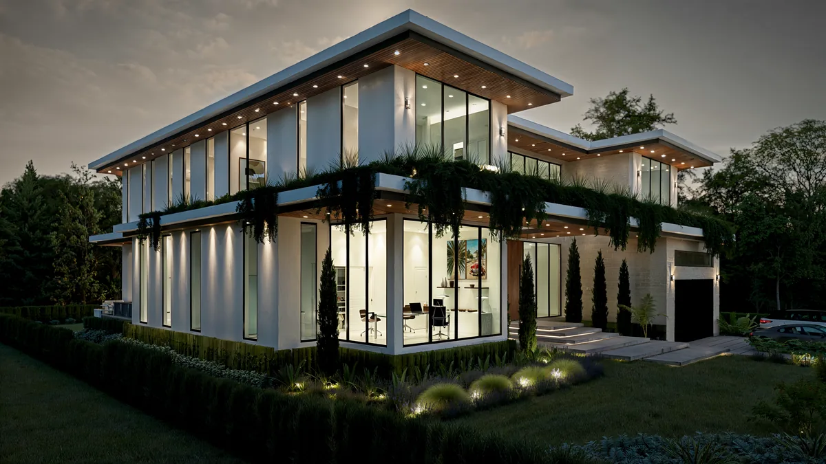 Night rendering of the Casa Arborēa front facade, Miami Shores