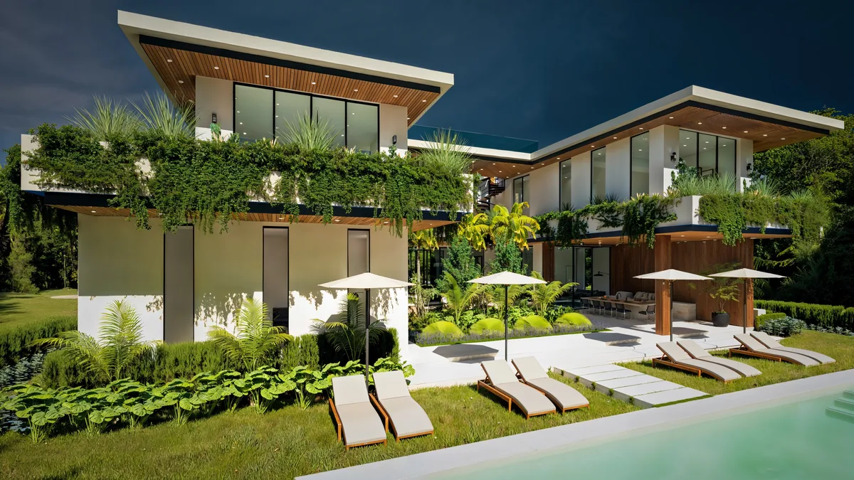 Rendering of the Casa Arborēa rear garden and pool at twilight, Miami Shores