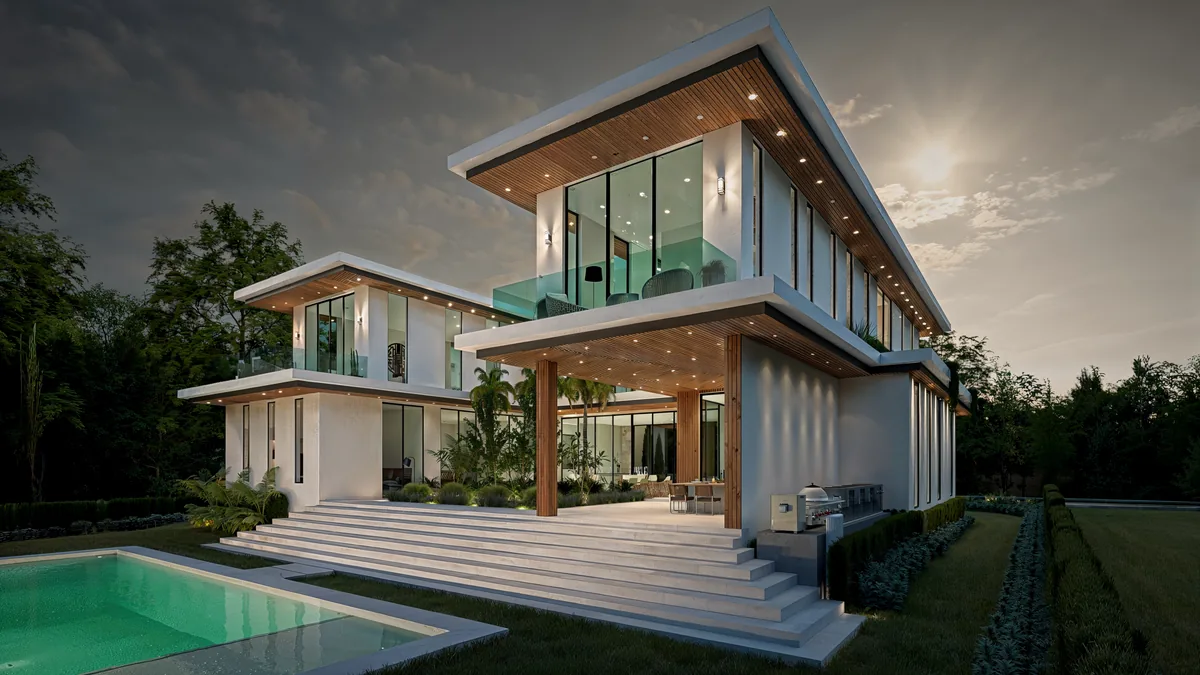 Rendering of Casa Arborēa at dusk with the pool terrace and upper balconies, Miami Shores