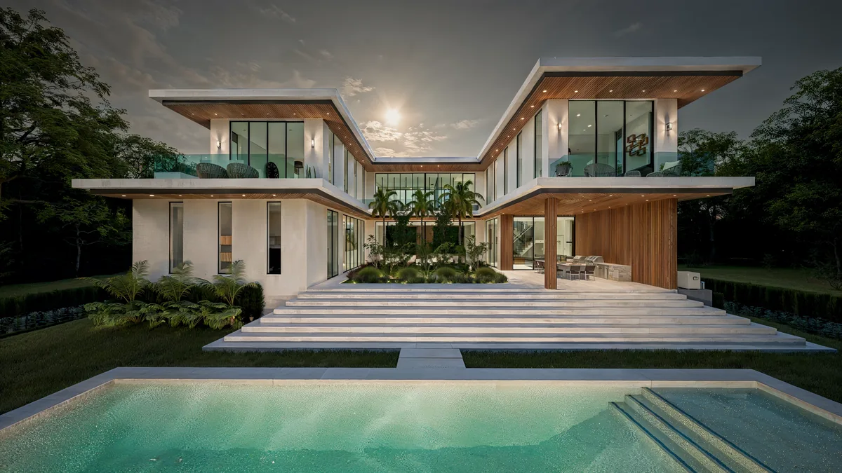 Rendering of the Casa Arborēa rear facade across the pool at dusk, Miami Shores